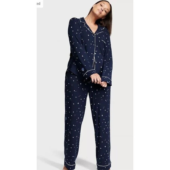 Victoria Secret Star & Moon Pajama Set  Long Sleeve & Pants Blue XS Modal Blend - Picture 1 of 7